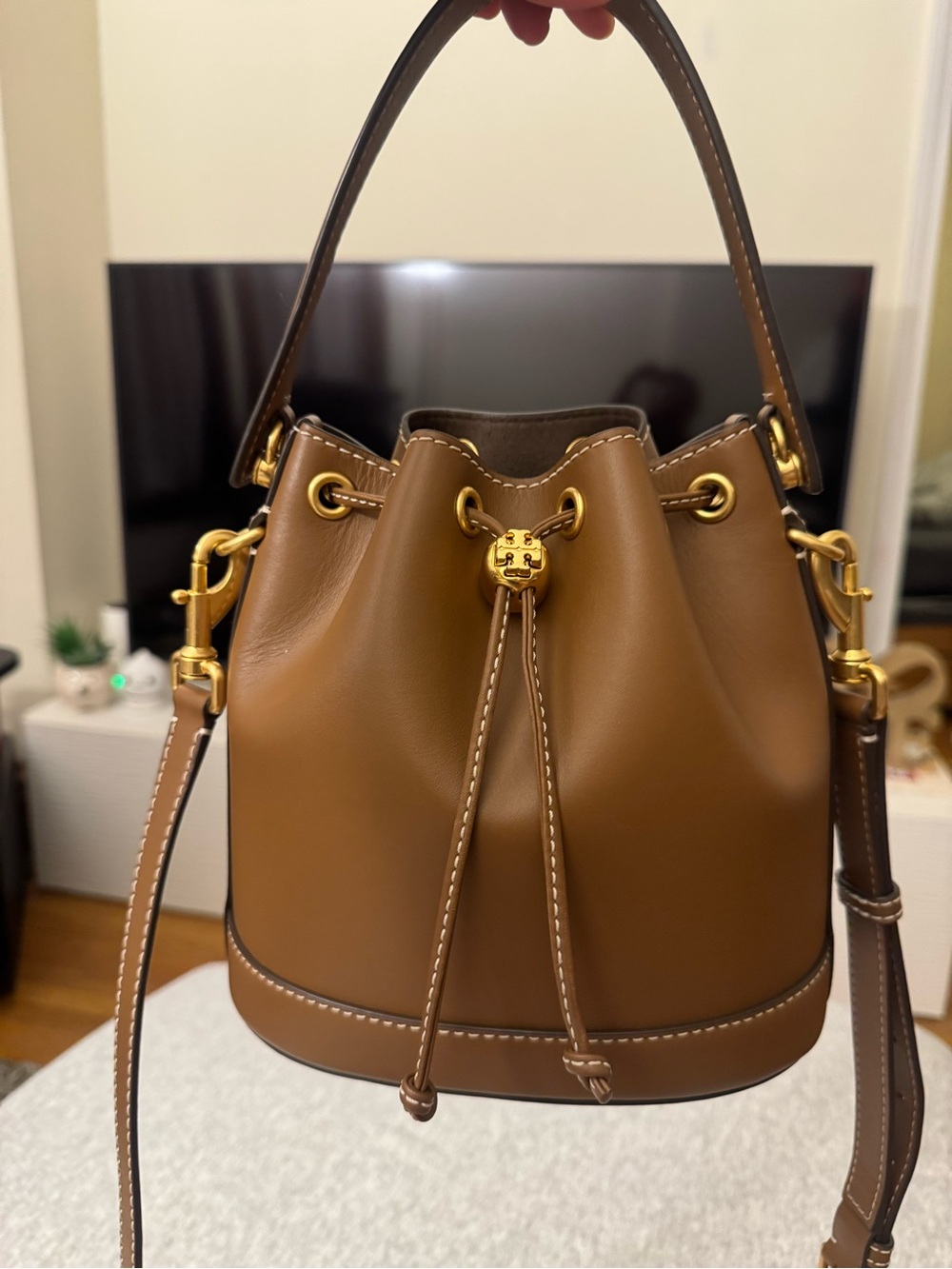 Tory Burch Leather Drawstring Bucket Shoulder Bag with Gold Hardware